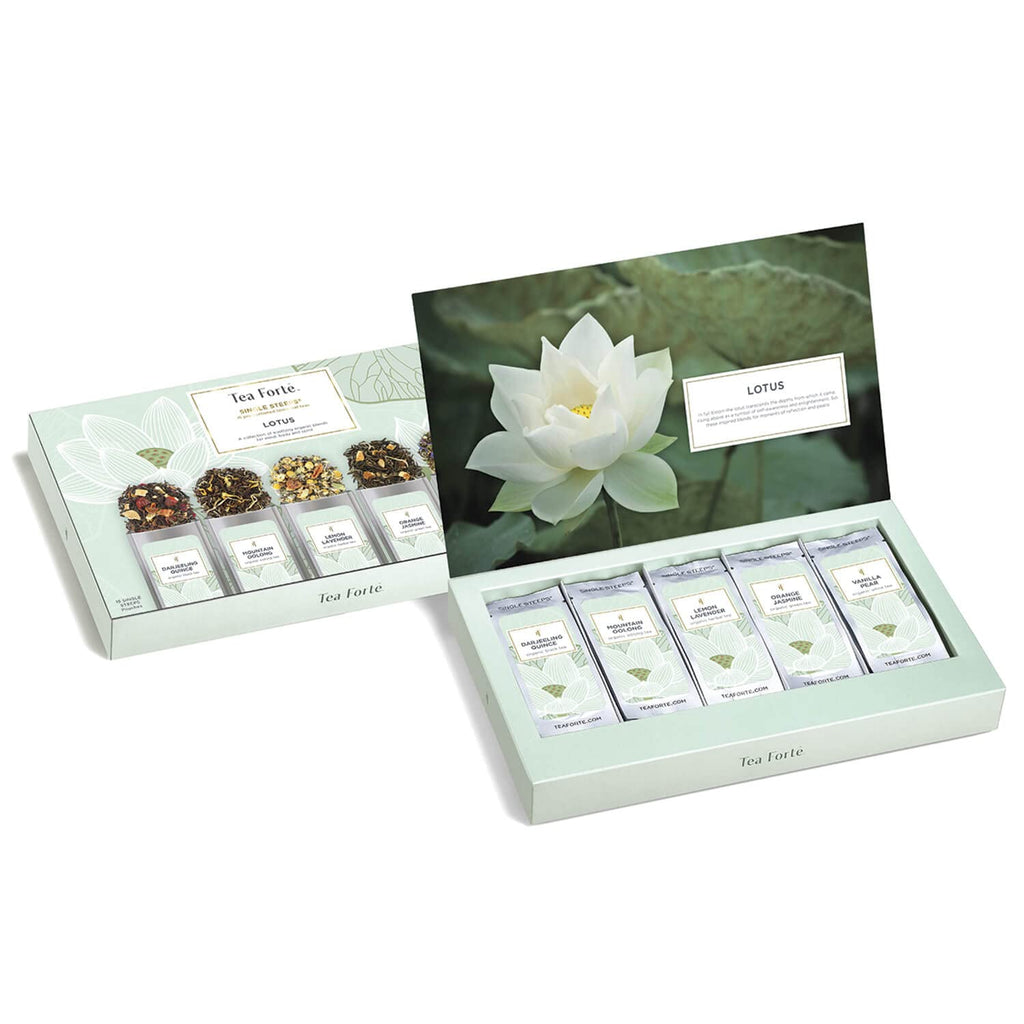 Tea Forte Lotus Single Steeps Loose Leaf Premium Tea Gift Set Sampler, 15 Count 3 of Each Assorted Blends, Pre-Portioned Single Serve Pouches, Steeps 12 oz