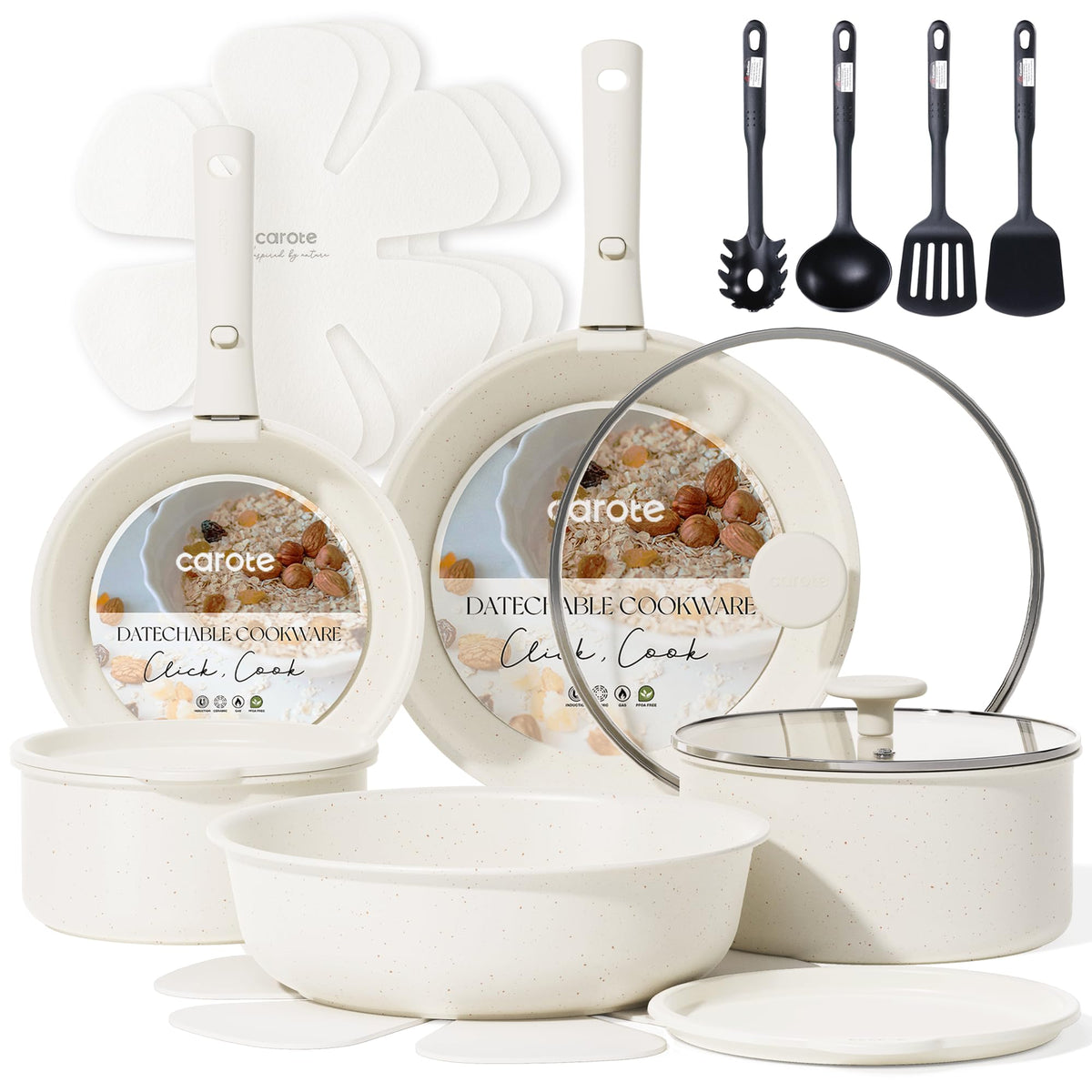 CAROTE 17PCS Ceramic Cookware Sets, Black and Gray, Pots and Pans Set Non Stick Non Toxic, Induction Cookware, Kitchen Cookware Sets, Pots Set for Healthy Cooking