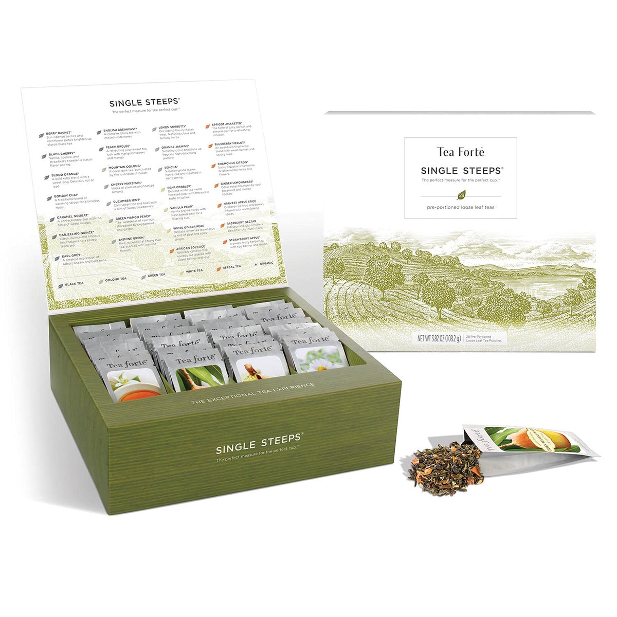 Tea Forte Lotus Single Steeps Loose Leaf Premium Tea Gift Set Sampler, 15 Count 3 of Each Assorted Blends, Pre-Portioned Single Serve Pouches, Steeps 12 oz