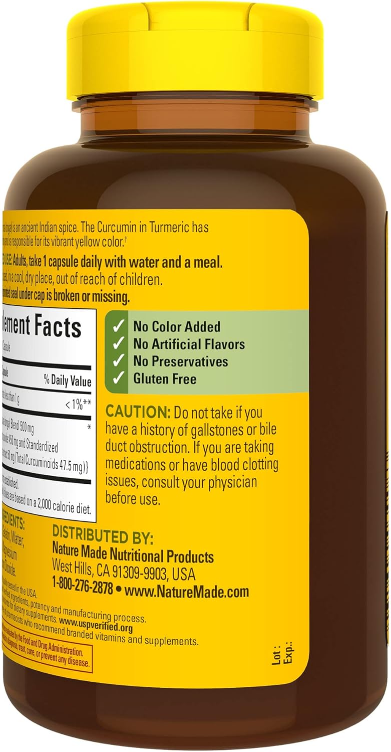 Nature Made Turmeric Curcumin 500 mg, Turmeric Curcumin Supplement for Antioxidant Support, Herbal Supplements, 120 Capsules, 120 Day Supply