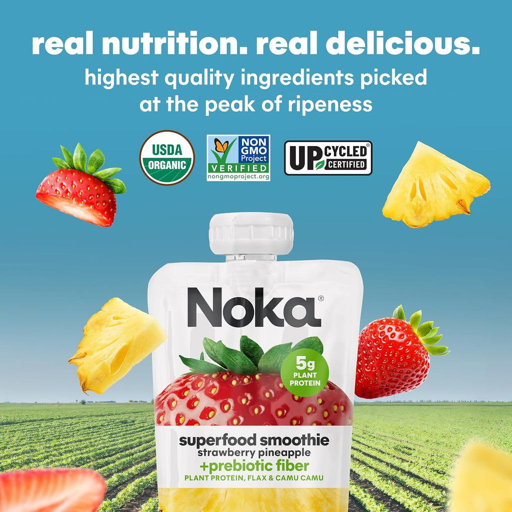Noka Superfood Fruit Smoothie Pouches Variety Pack, Healthy Snacks with Flax Seed, Plant Protein and Prebiotic Fiber, Vegan and Gluten Free Snacks, Made in USA, Organic Squeeze Pouch, 4.22 oz, 12 Count
