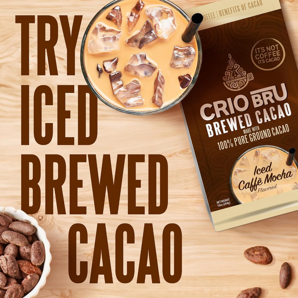 Crio Bru Brewed Cacao Double Chocolate Light Roast - Coffee Alternative Natural Healthy Drink | 100% Pure Ground Cacao Beans | 99.99% Caffeine Free, Keto, Low Carb, Paleo, Brew And Enjoy Hot or Iced (10oz)