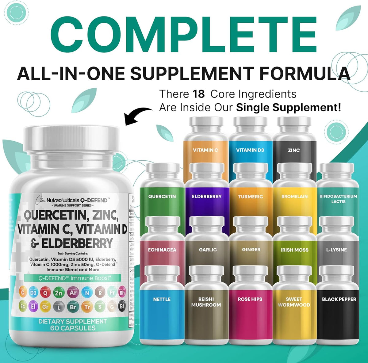 Q Defend Quercetin Supplement with Zinc Vitamin C Vitamin D Elderberry Turmeric Black Pepper Garlic Ginger Sea Moss Lysine Stinging Nettle Reishi Mushroom Immune Support 60 Capsules by Clean Nutra