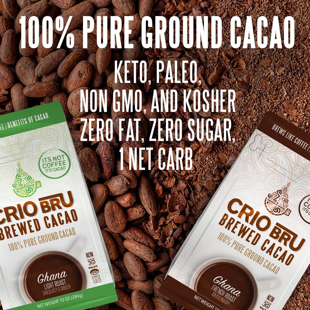 Crio Bru Brewed Cacao Double Chocolate Light Roast - Coffee Alternative Natural Healthy Drink | 100% Pure Ground Cacao Beans | 99.99% Caffeine Free, Keto, Low Carb, Paleo, Brew And Enjoy Hot or Iced (10oz)