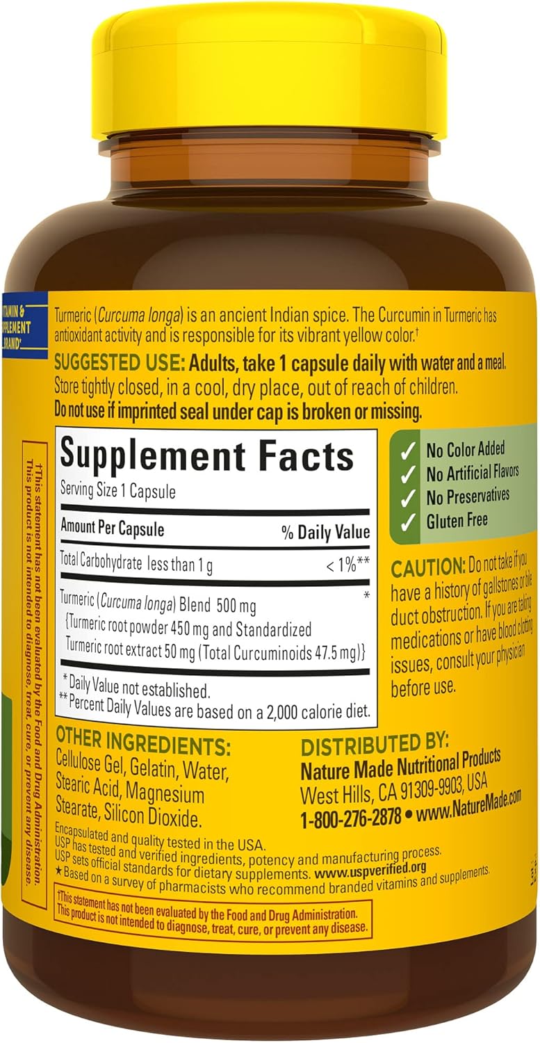 Nature Made Turmeric Curcumin 500 mg, Turmeric Curcumin Supplement for Antioxidant Support, Herbal Supplements, 120 Capsules, 120 Day Supply