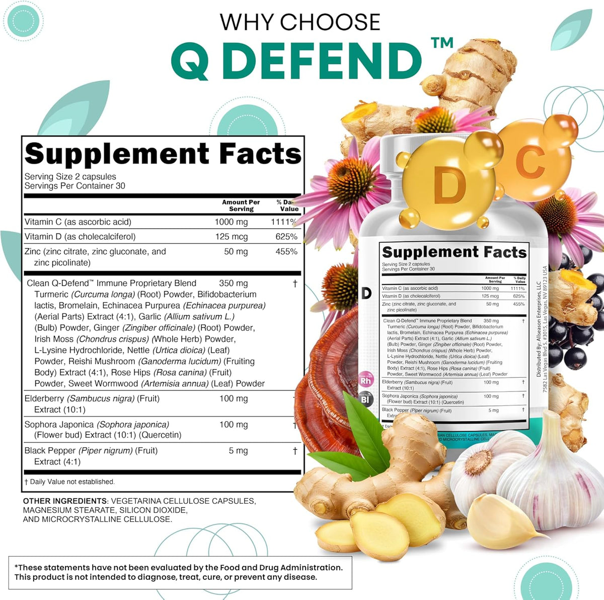 Q Defend Quercetin Supplement with Zinc Vitamin C Vitamin D Elderberry Turmeric Black Pepper Garlic Ginger Sea Moss Lysine Stinging Nettle Reishi Mushroom Immune Support 60 Capsules by Clean Nutra