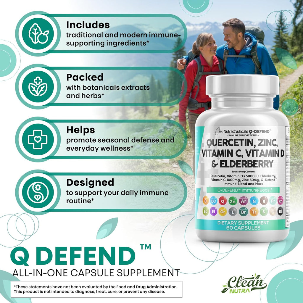 Q Defend Quercetin Supplement with Zinc Vitamin C Vitamin D Elderberry Turmeric Black Pepper Garlic Ginger Sea Moss Lysine Stinging Nettle Reishi Mushroom Immune Support 60 Capsules by Clean Nutra