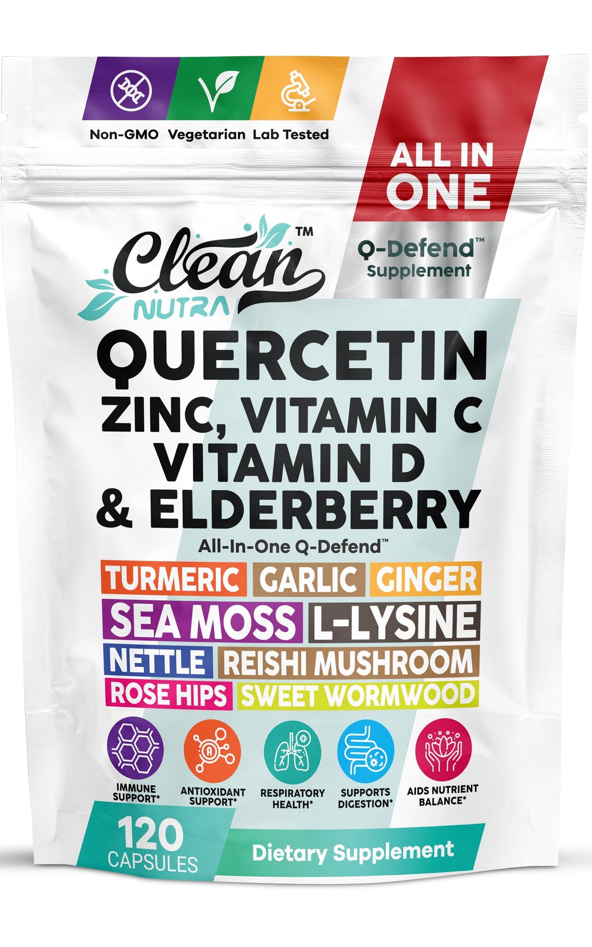 Q Defend Quercetin Supplement with Zinc Vitamin C Vitamin D Elderberry Turmeric Black Pepper Garlic Ginger Sea Moss Lysine Stinging Nettle Reishi Mushroom Immune Support 60 Capsules by Clean Nutra