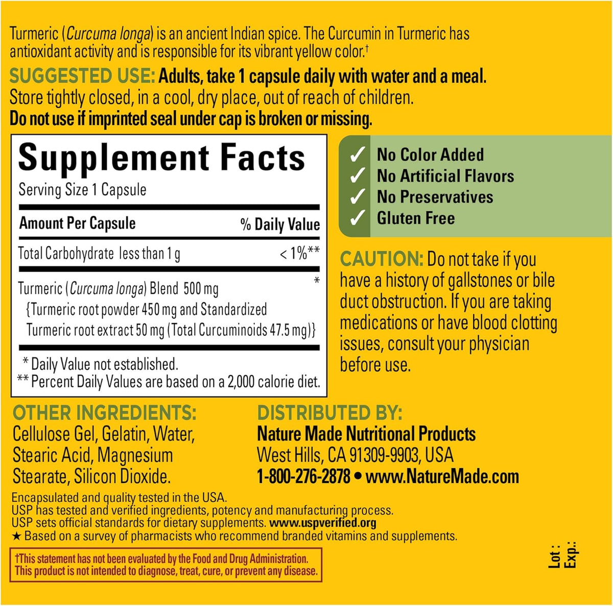 Nature Made Turmeric Curcumin 500 mg, Turmeric Curcumin Supplement for Antioxidant Support, Herbal Supplements, 120 Capsules, 120 Day Supply