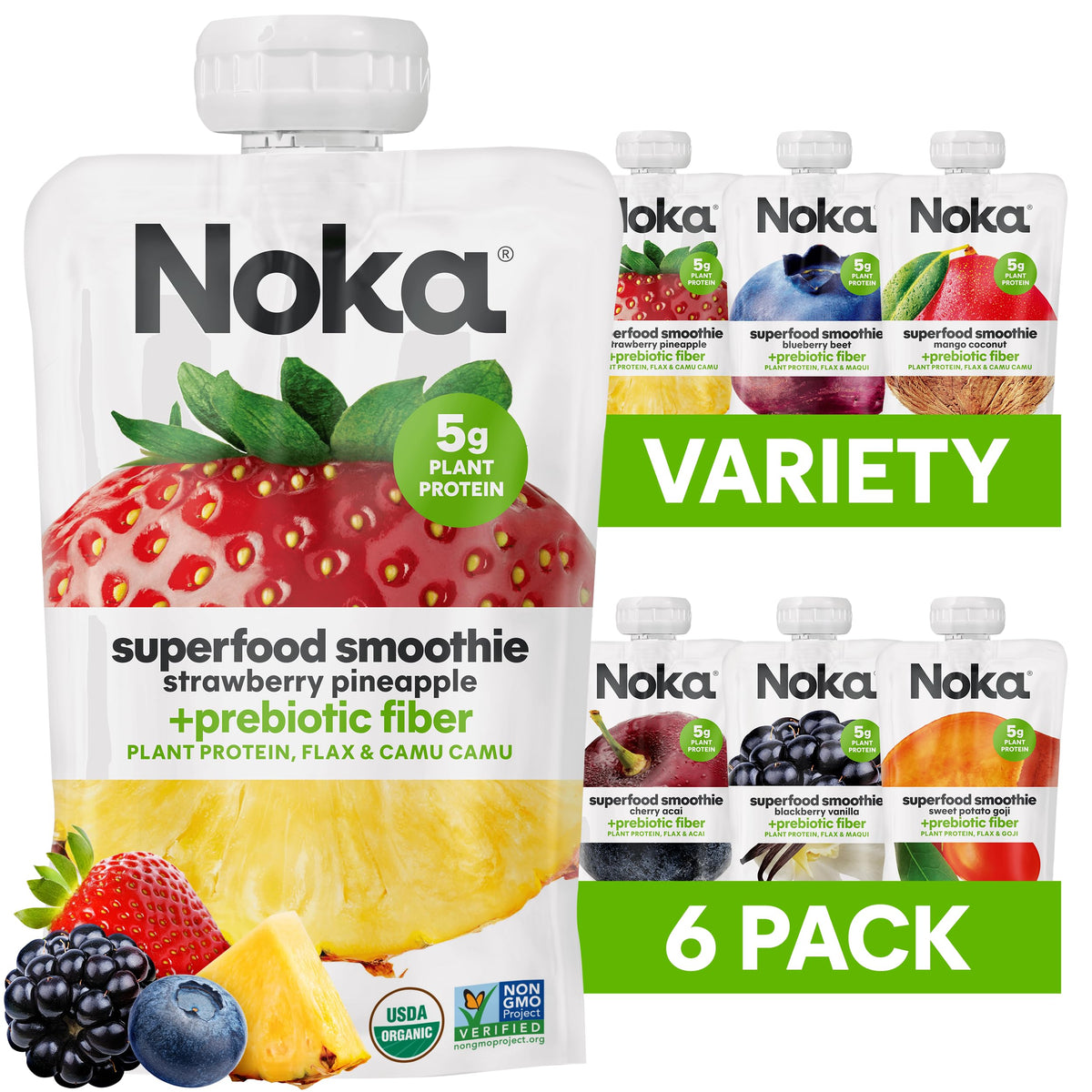 Noka Superfood Fruit Smoothie Pouches Variety Pack, Healthy Snacks with Flax Seed, Plant Protein and Prebiotic Fiber, Vegan and Gluten Free Snacks, Made in USA, Organic Squeeze Pouch, 4.22 oz, 12 Count