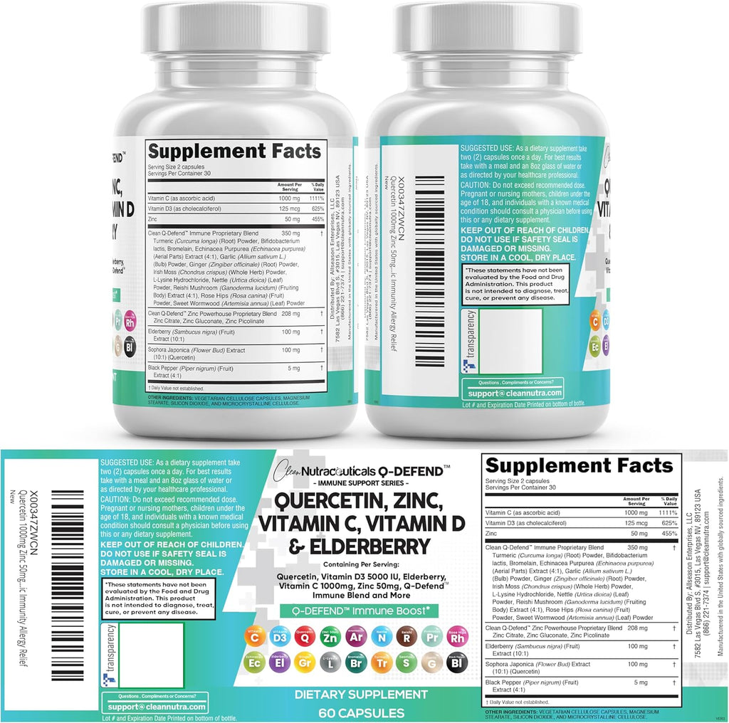 Q Defend Quercetin Supplement with Zinc Vitamin C Vitamin D Elderberry Turmeric Black Pepper Garlic Ginger Sea Moss Lysine Stinging Nettle Reishi Mushroom Immune Support 60 Capsules by Clean Nutra